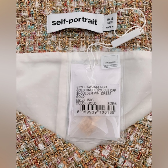 Self-Portrait Gold Tinsel Boucle Off Shoulder Tweed Mini Dress NWT - Picture 8 of 10